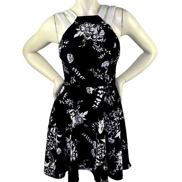 B Darlin Monochromatic Double Strap Dress Black White Fit & Flare Floral S 7/8 - Picture 1 of 16
